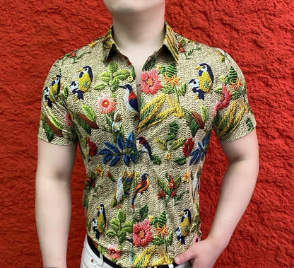 Men's Fashion Casual Thin Style Trend Slim Fit Lapel Short Sleeved Shirt