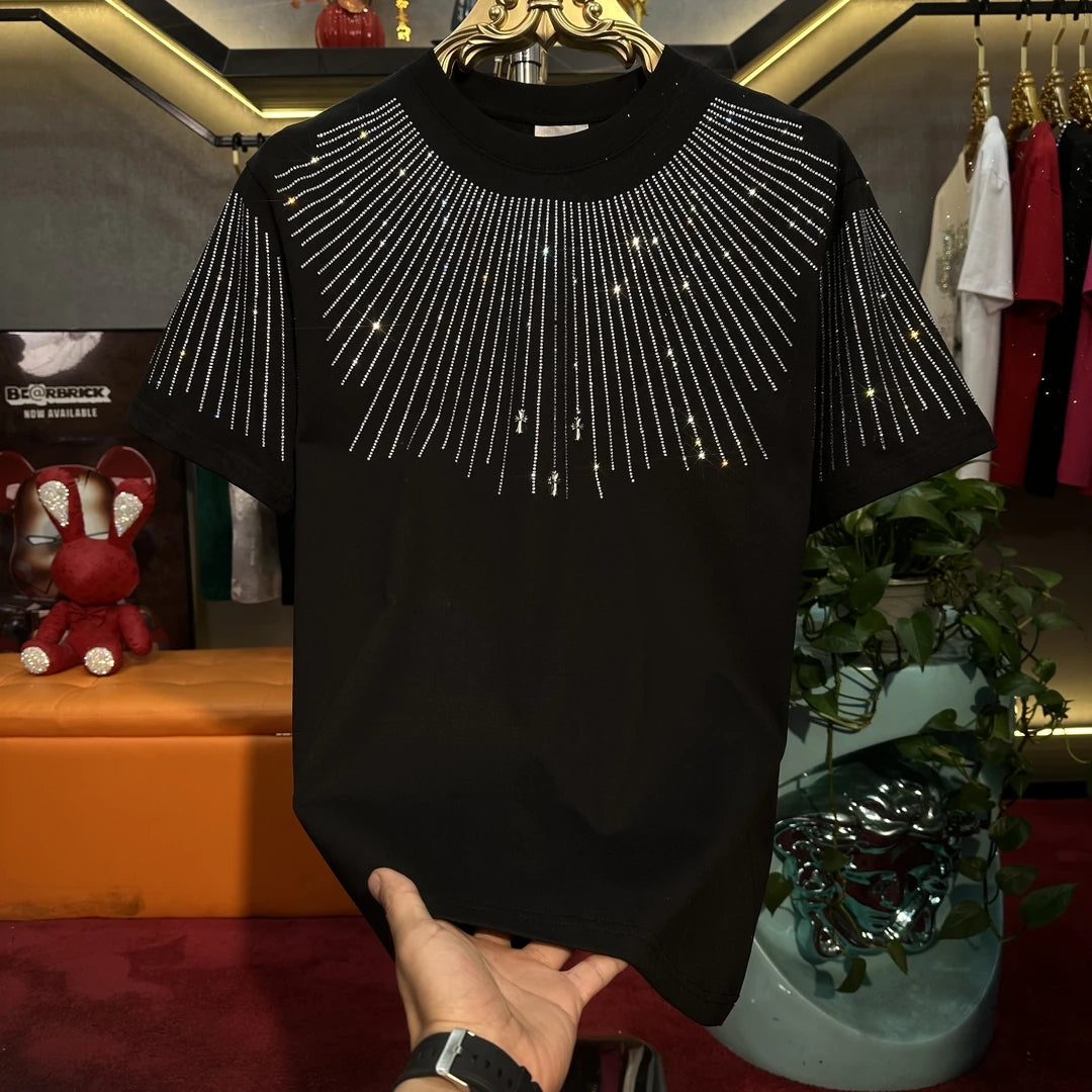 Men's Fashionable Diamond Hot Stamping Radial Line Short Sleeved Shirt