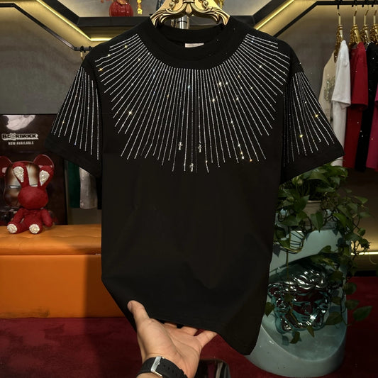 Men's Fashionable Diamond Hot Stamping Radial Line Short Sleeved Shirt