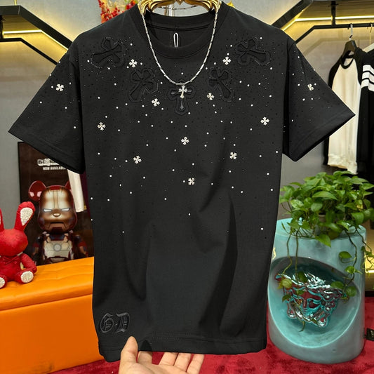 Men's Cross Hot Diamond Light Luxury Heavy Duty Short Sleeve