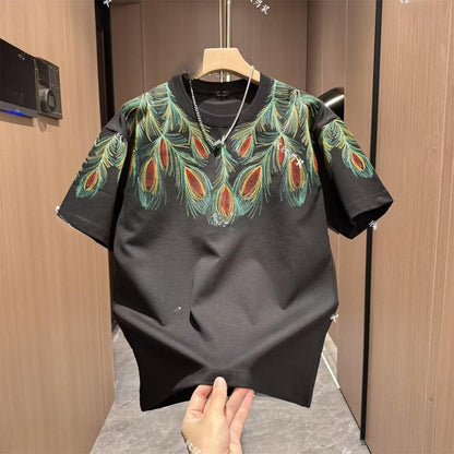 Men's New Peacock Feather Embroidered Casual Short Sleeved Shirt