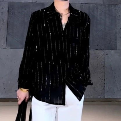 Trendy Rhinestone Loose Long Sleeved Shirt
