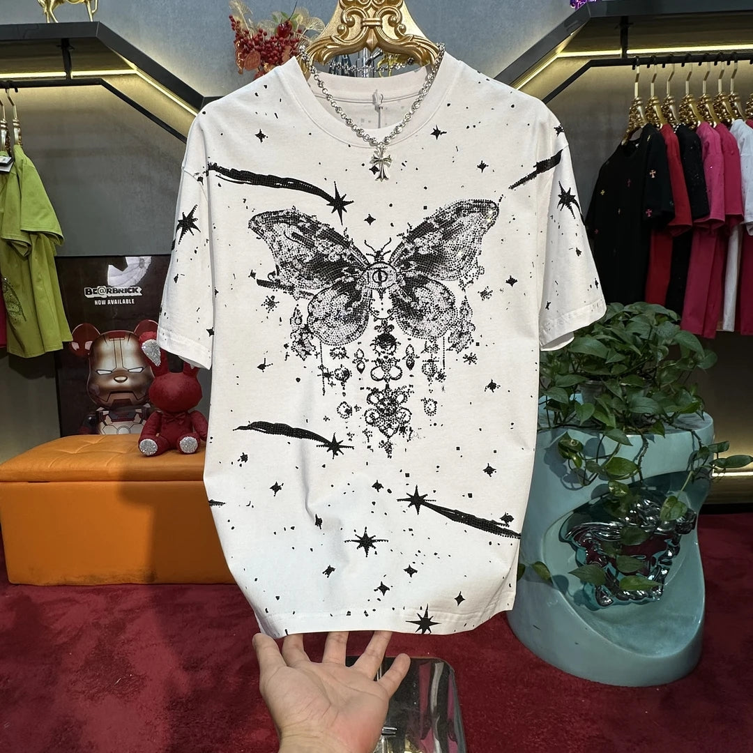 Men's High-quality Butterfly Hot Stamping Diamond Light Luxury Short Sleeved Shirt