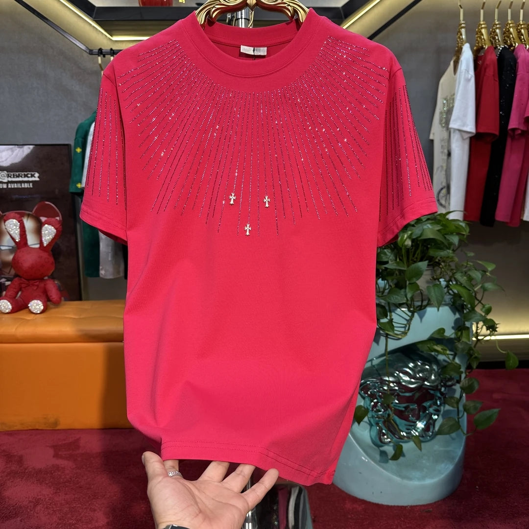 Men's Fashionable Diamond Hot Stamping Radial Line Short Sleeved Shirt