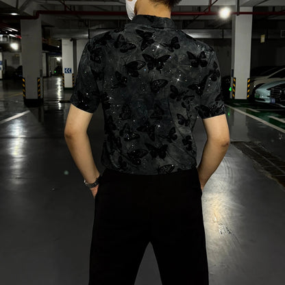 Butterfly Flocking Jacquard Short Sleeved Shirt