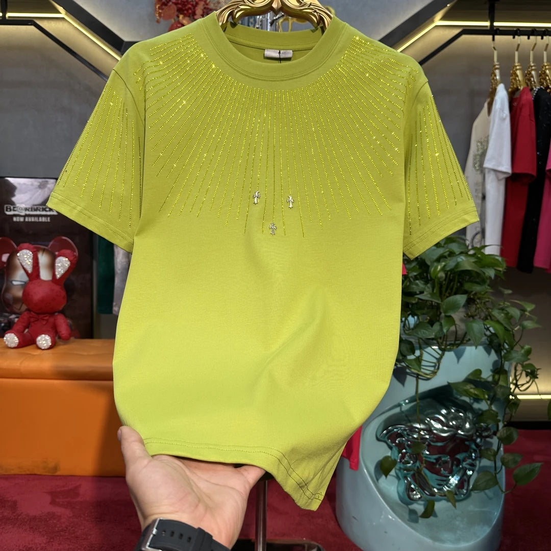 Men's Fashionable Diamond Hot Stamping Radial Line Short Sleeved Shirt
