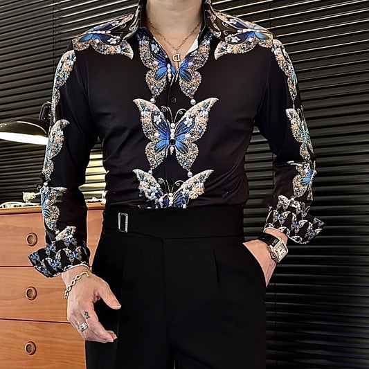Heavy Industry Hot Stamping Elastic Butterfly Print Long Sleeved Shirt