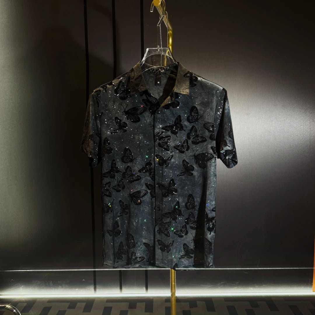 Butterfly Flocking Jacquard Short Sleeved Shirt