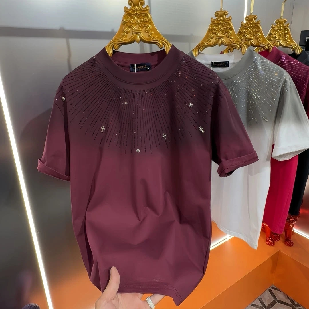Men's Light Luxury Heavy Craftsmanship Starry Sky Hot Diamond Short Sleeve