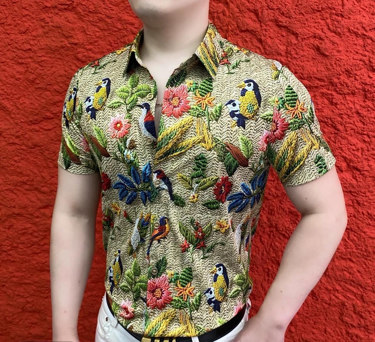 Men's Fashion Casual Thin Style Trend Slim Fit Lapel Short Sleeved Shirt