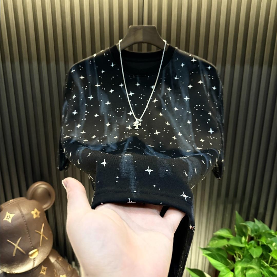 Men's High-quality Starry Sky Diamond Hot Stamping Light Luxury Short Sleeved Shirt