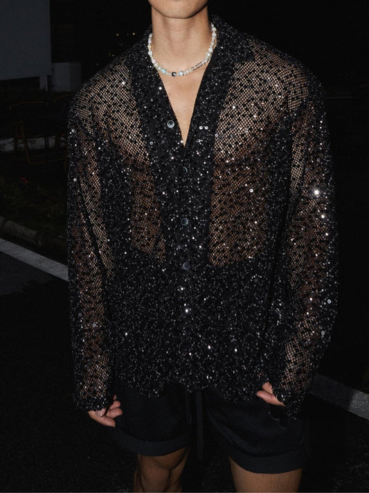 Sparkling Silver Sequin Hollowed Out Long Sleeved Shirt