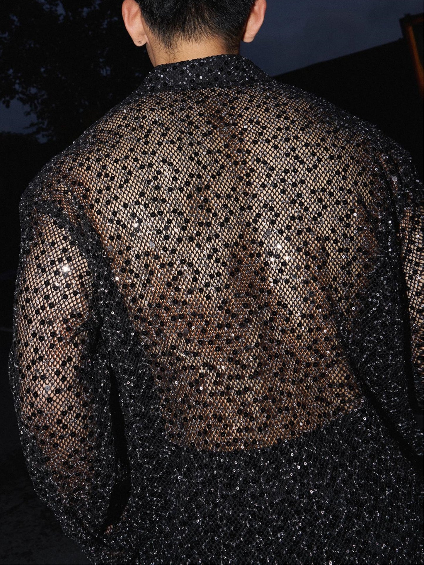 Sparkling Silver Sequin Hollowed Out Long Sleeved Shirt
