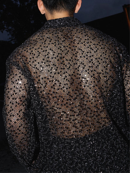 Sparkling Silver Sequin Hollowed Out Long Sleeved Shirt