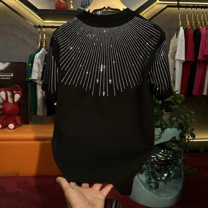 Men's Fashionable Diamond Hot Stamping Radial Line Short Sleeved Shirt