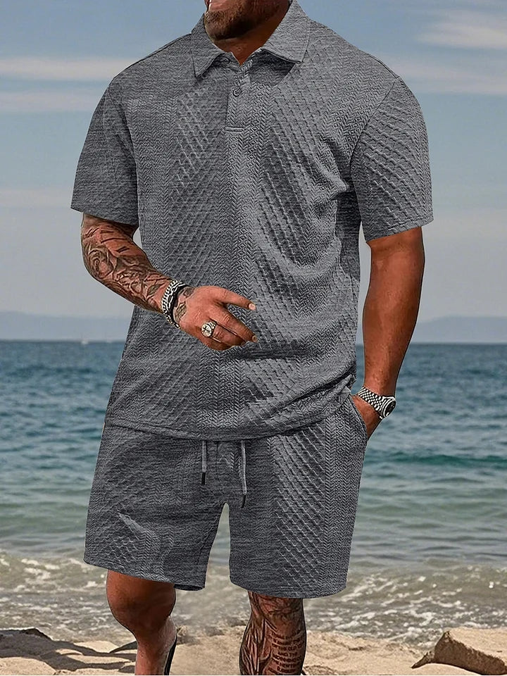 Men's Jacquard Casual Lapel Shorts Set