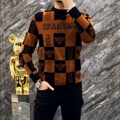 Men's Thick Warm Round Neck Knitted Rhinestone Sweater