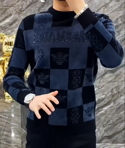 Men's Thick Warm Round Neck Knitted Rhinestone Sweater