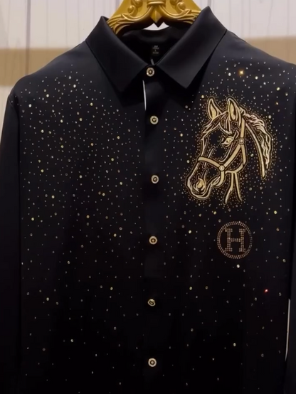 Black Gold Diamond Studded Casual Long Sleeved Shirt