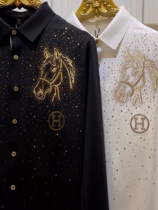 Black Gold Diamond Studded Casual Long Sleeved Shirt