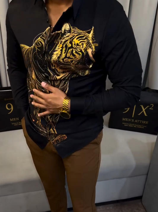 Men's Shiny Gold Tiger Long Sleeved Shirt