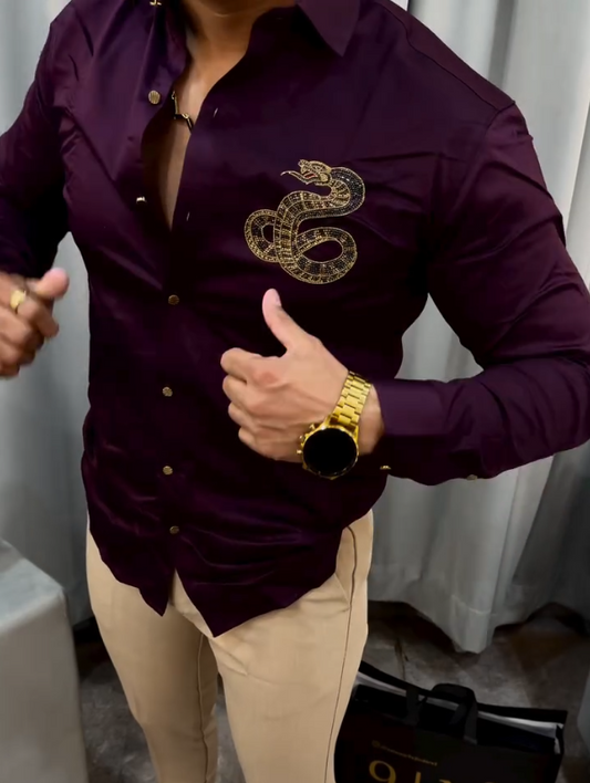 Men's Fine Shining Golden Snake Pattern Long Sleeve Shirt