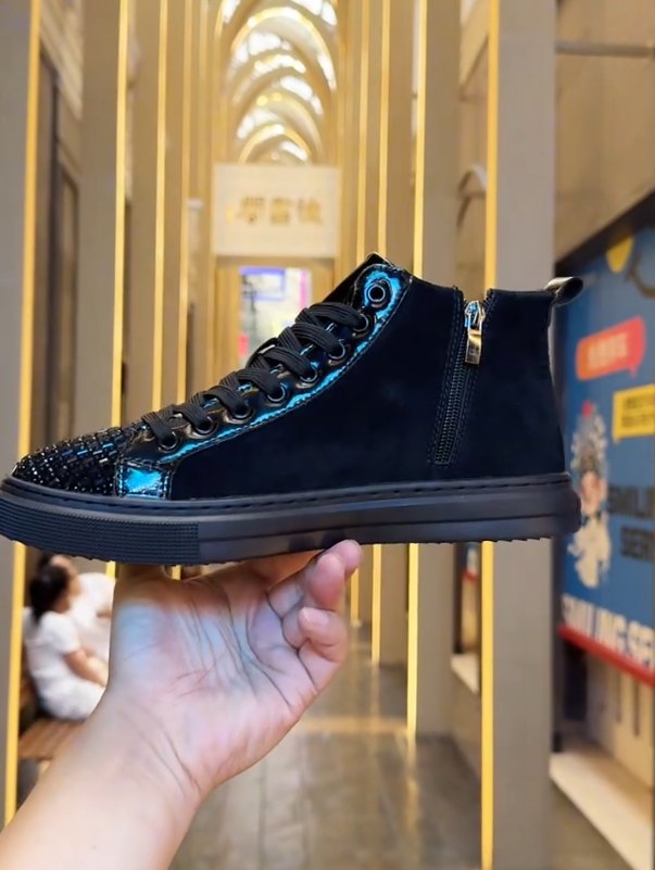 Men's High Top Sparkling Diamond Patent Leather Casual Shoes