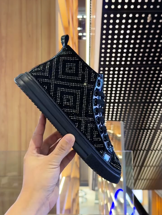 Men's High Top Square Sparkling Diamond Patent Leather Casual Shoes
