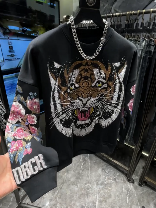 Men's Tiger Head Embroidered Diamond Encrusted Hoodie