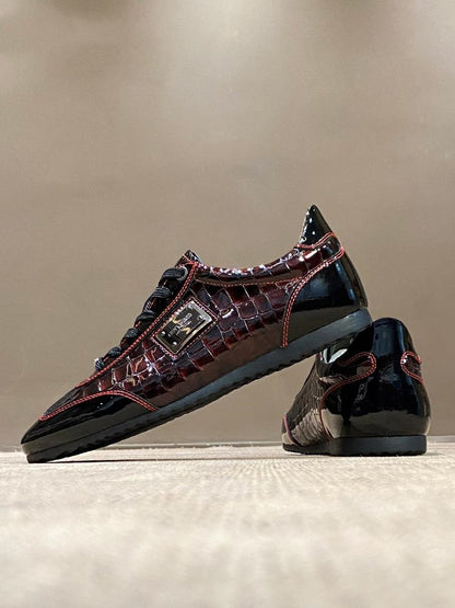 Men's Wine Red Crocodile Patterned Casual Shoes