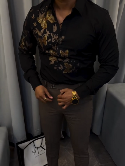 Men's Sparkling Single Shoulder Butterfly Long Sleeve Shirt
