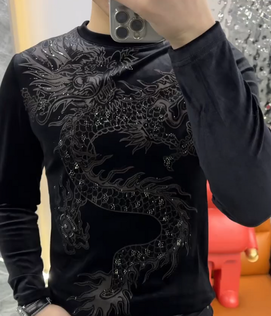 Dragon Pattern Glitter Velvet Long Sleeved Shirt
