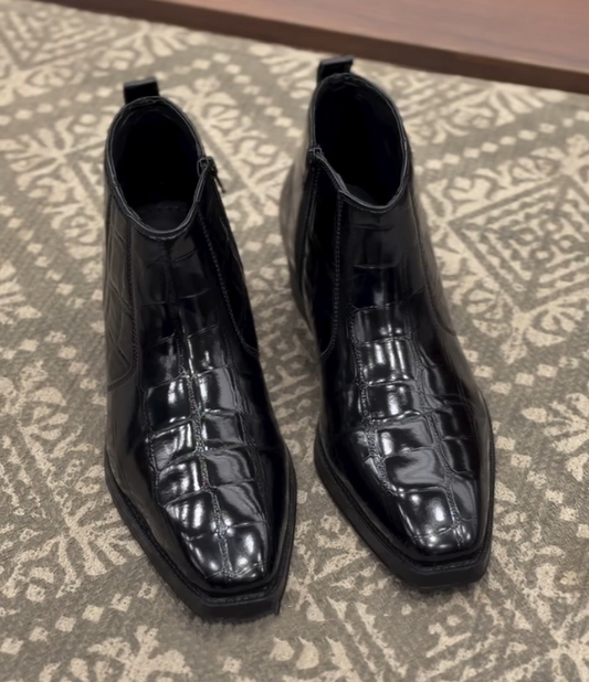 Black Croc-Embossed Ankle Boots