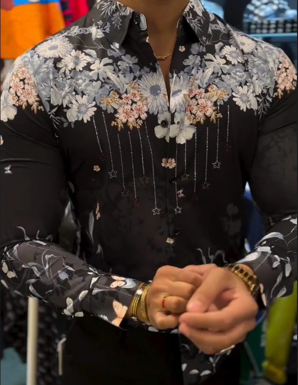 Men's Floral Diamond Studded Tassel Shirt