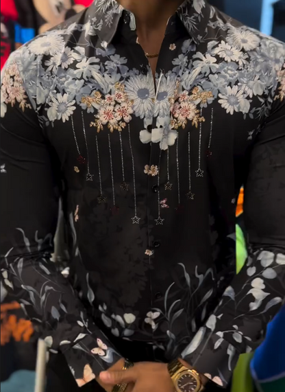 Men's Floral Diamond Studded Tassel Shirt