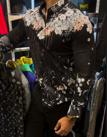 Men's Floral Diamond Studded Tassel Shirt