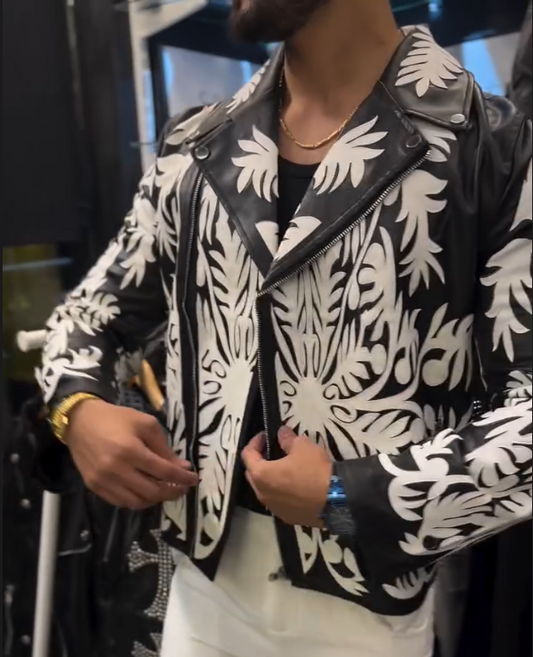 Men's White Floral Pattern Leather Jacket