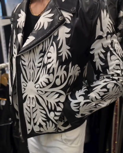 Men's White Floral Pattern Leather Jacket
