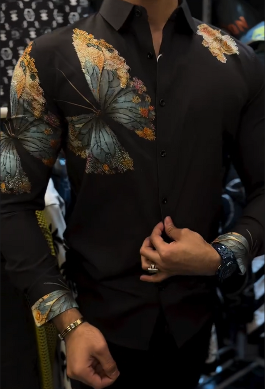 Men's Butterfly Printed Diamond Studded Shirt