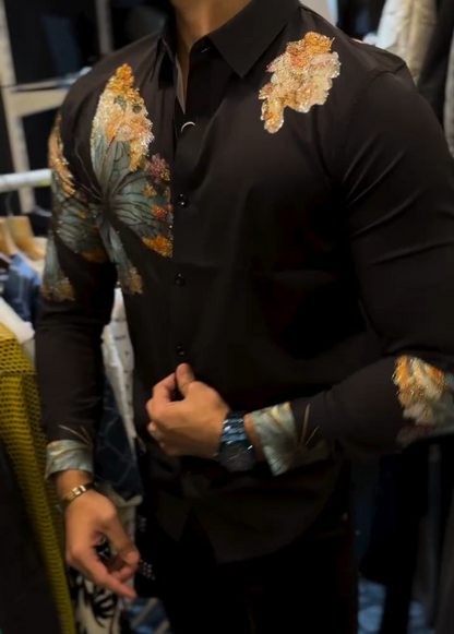 Men's Butterfly Printed Diamond Studded Shirt