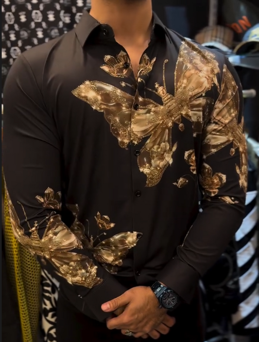 Men's Gold Butterfly Print Diamond Studded Shirt
