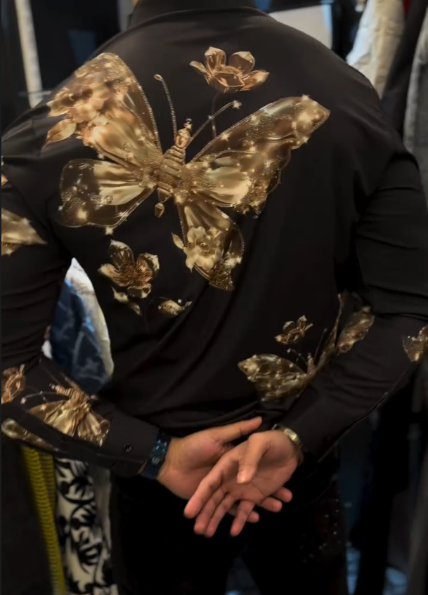 Men's Gold Butterfly Print Diamond Studded Shirt