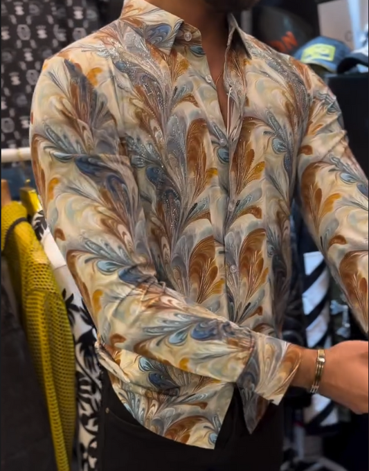 Men's New Feather Printed Diamond Studded Shirt