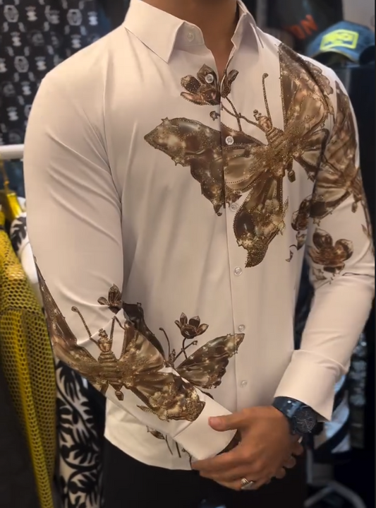 Men's New Gold Butterfly Print Diamond Studded Shirt