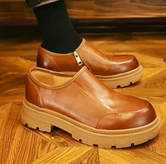 Men's Casual Leather Round Toe Thick Soled Zipper Soft Leather Business Leather Shoes