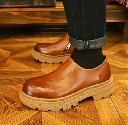 Men's Casual Leather Round Toe Thick Soled Zipper Soft Leather Business Leather Shoes