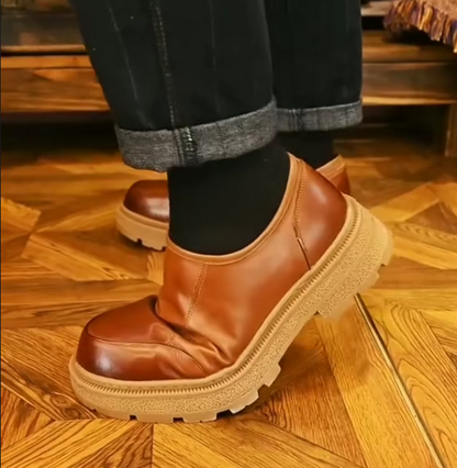 Men's Casual Leather Round Toe Thick Soled Zipper Soft Leather Business Leather Shoes