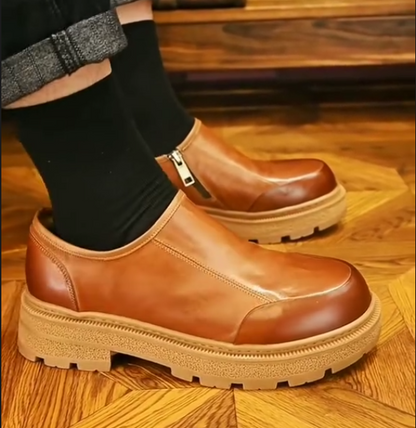 Men's Casual Leather Round Toe Thick Soled Zipper Soft Leather Business Leather Shoes