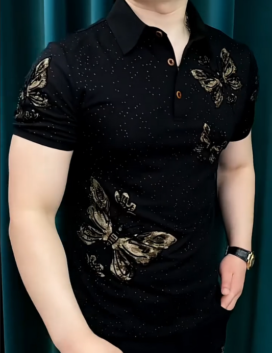 Men's New Ice Silk Butterfly Hot Stamping Fashionable Short Sleeved Shirt