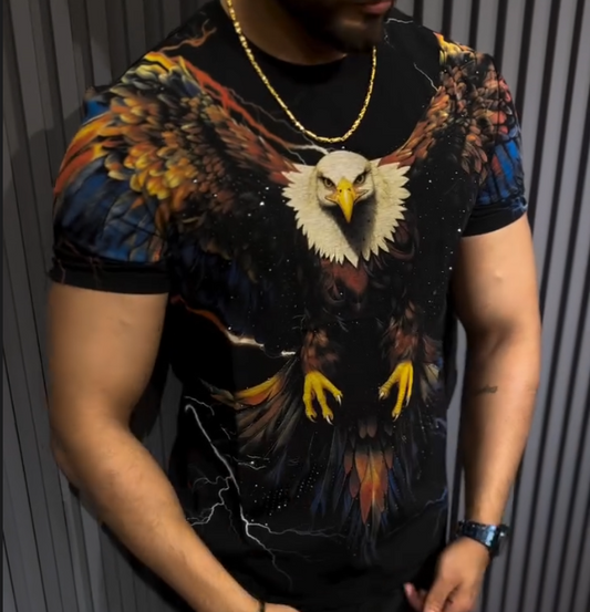 Men's New Eagle Print Hot Diamond Short Sleeved Shirt
